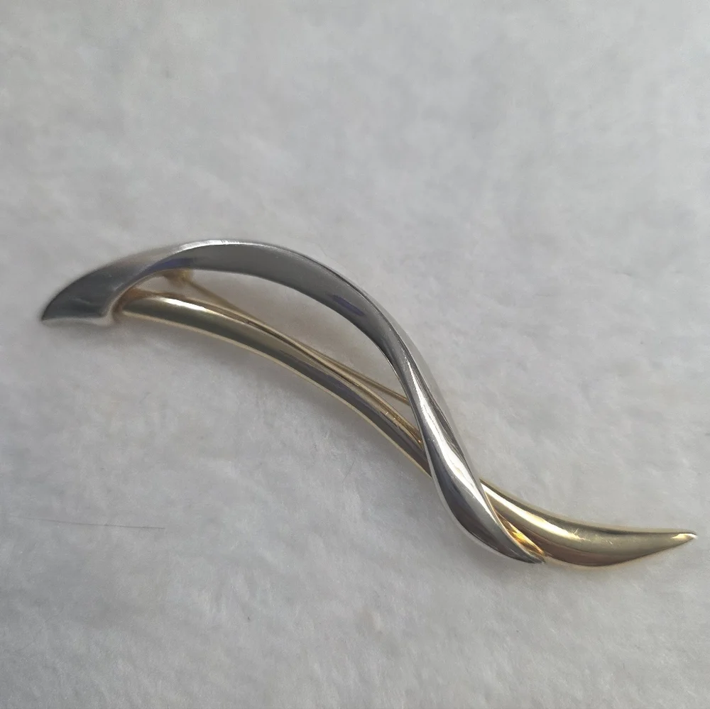Vintage Modern Abstract Two-tone Gold and Silver-Plated Wave Brooch - Picture 1 of 3